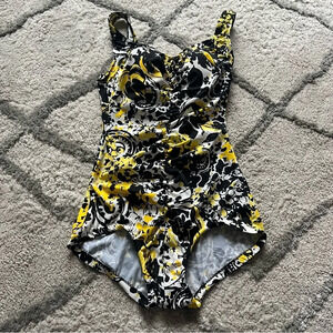 Maxine of Hollywood one piece bathing suit swimsuit  black yellow white floral 8